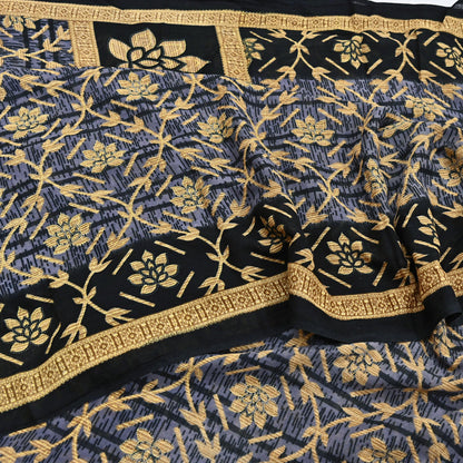 Indian Vintage Sari Black & Purple Pure Cotton Printed Sarees Craft Fabric Soft 5Yd Sarong Wrap Boho Fabric Kimono Quilting Crafting Upcycle