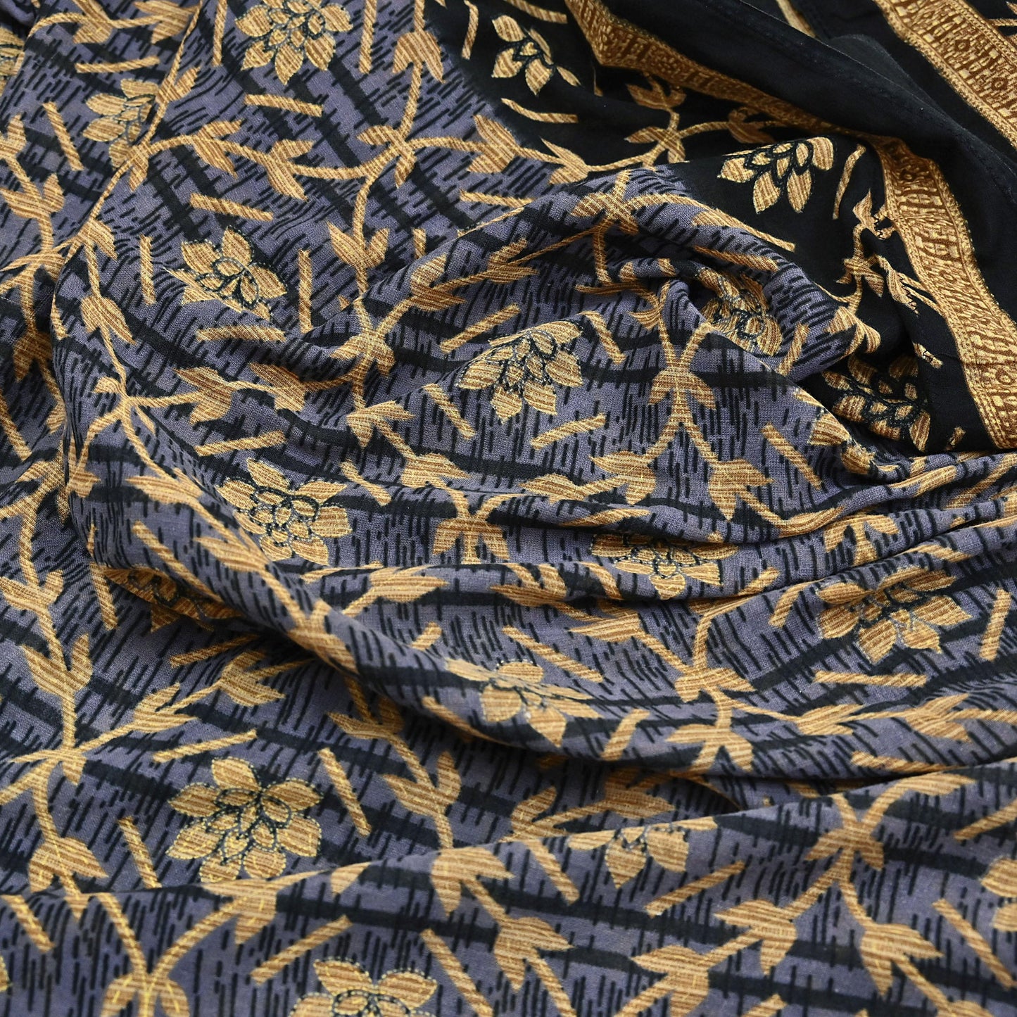 Indian Vintage Sari Black & Purple Pure Cotton Printed Sarees Craft Fabric Soft 5Yd Sarong Wrap Boho Fabric Kimono Quilting Crafting Upcycle