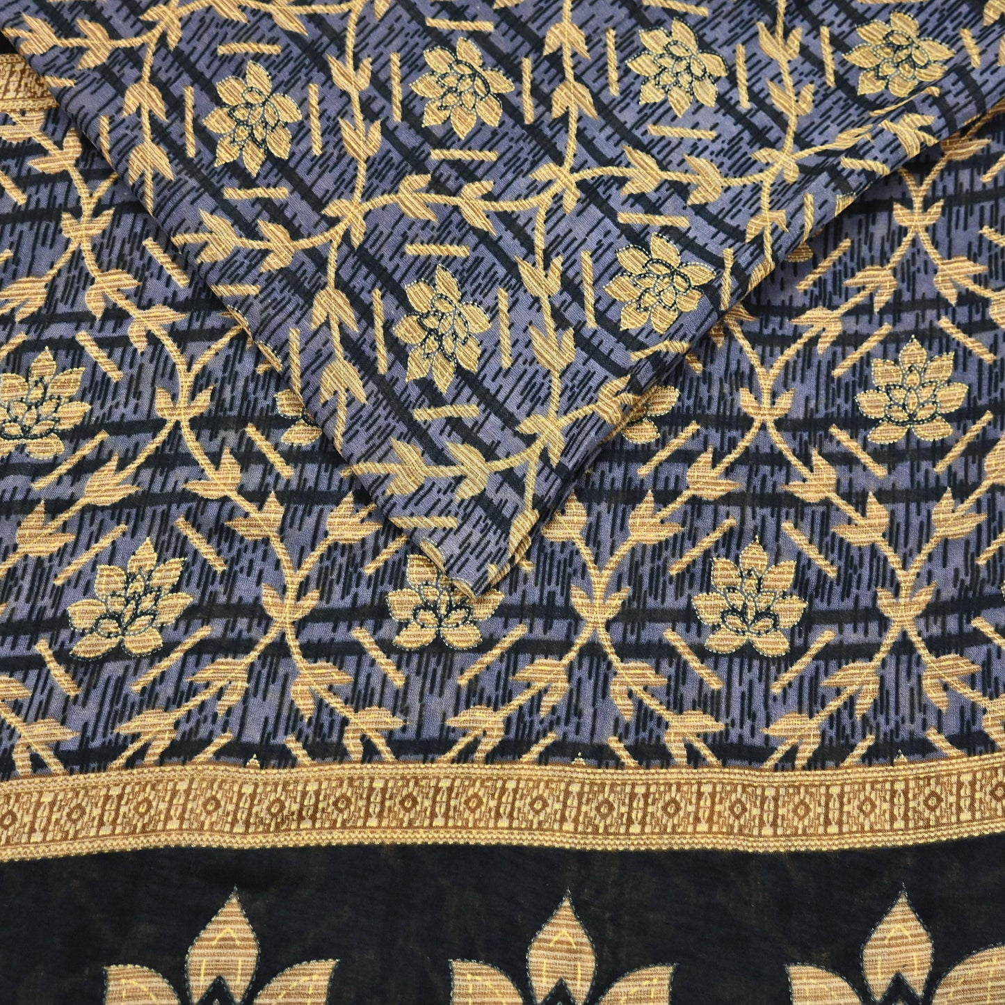 Indian Vintage Sari Black & Purple Pure Cotton Printed Sarees Craft Fabric Soft 5Yd Sarong Wrap Boho Fabric Kimono Quilting Crafting Upcycle