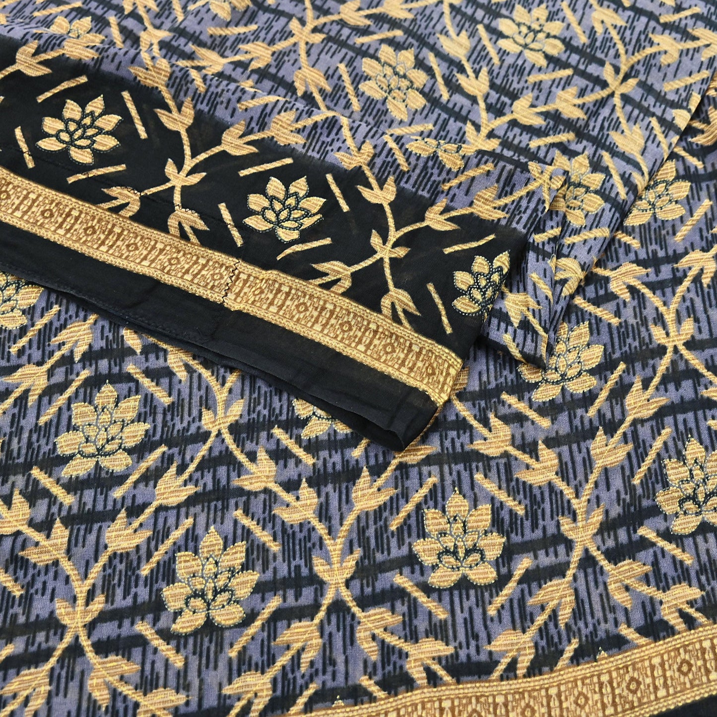 Indian Vintage Sari Black & Purple Pure Cotton Printed Sarees Craft Fabric Soft 5Yd Sarong Wrap Boho Fabric Kimono Quilting Crafting Upcycle