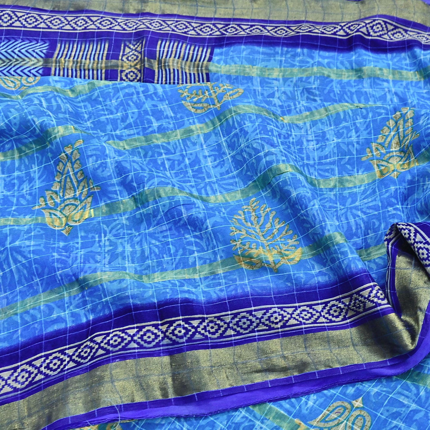 Indian Vintage Sari Blue Printed Pure Cotton Sarees Craft Fabric 5Yd Soft Sewing Sarong Wrap Boho Floral Quilting Dress making