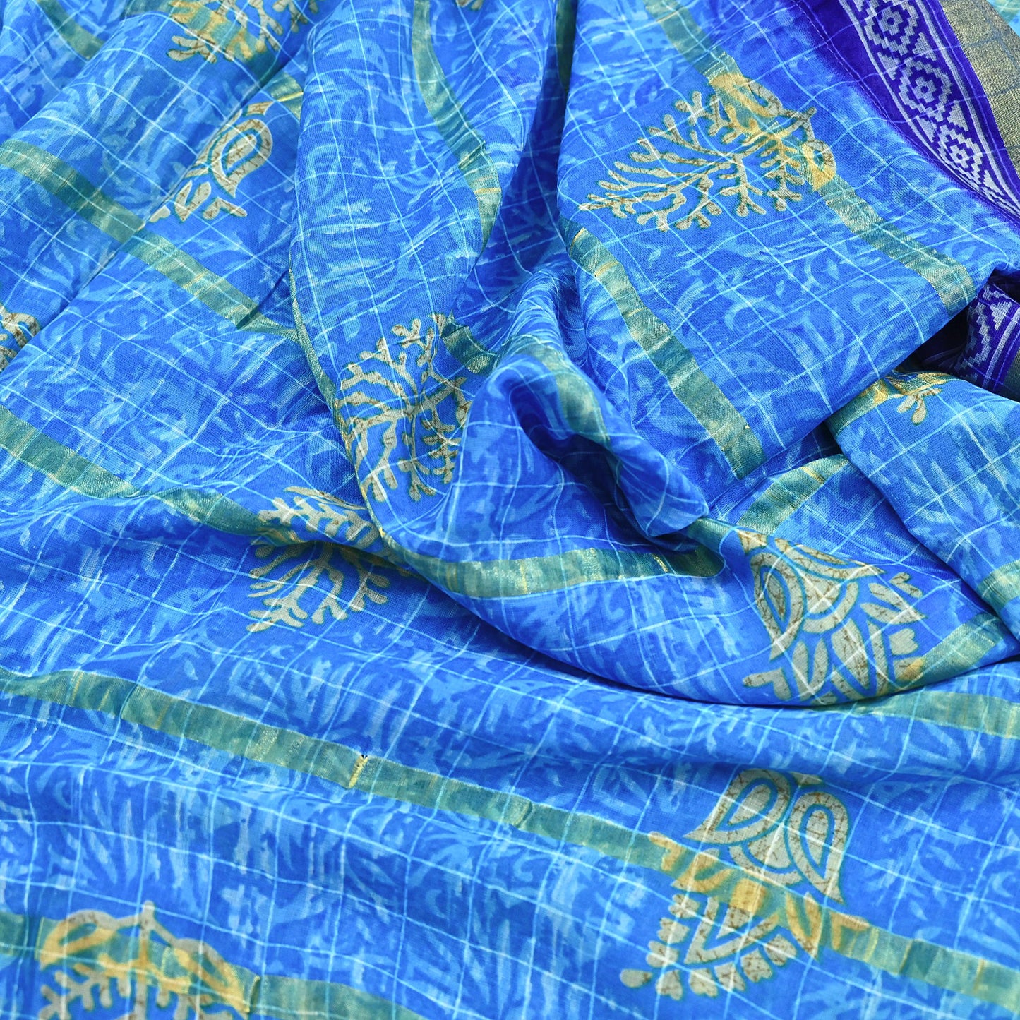 Indian Vintage Sari Blue Printed Pure Cotton Sarees Craft Fabric 5Yd Soft Sewing Sarong Wrap Boho Floral Quilting Dress making