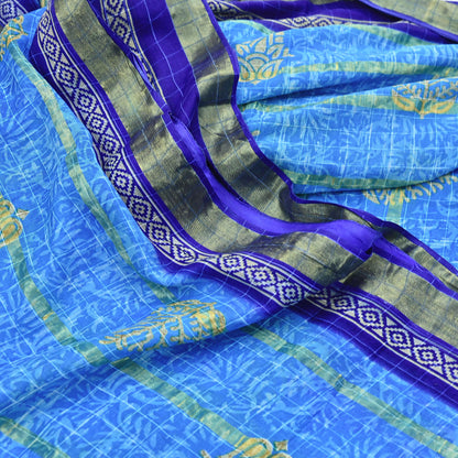 Indian Vintage Sari Blue Printed Pure Cotton Sarees Craft Fabric 5Yd Soft Sewing Sarong Wrap Boho Floral Quilting Dress making