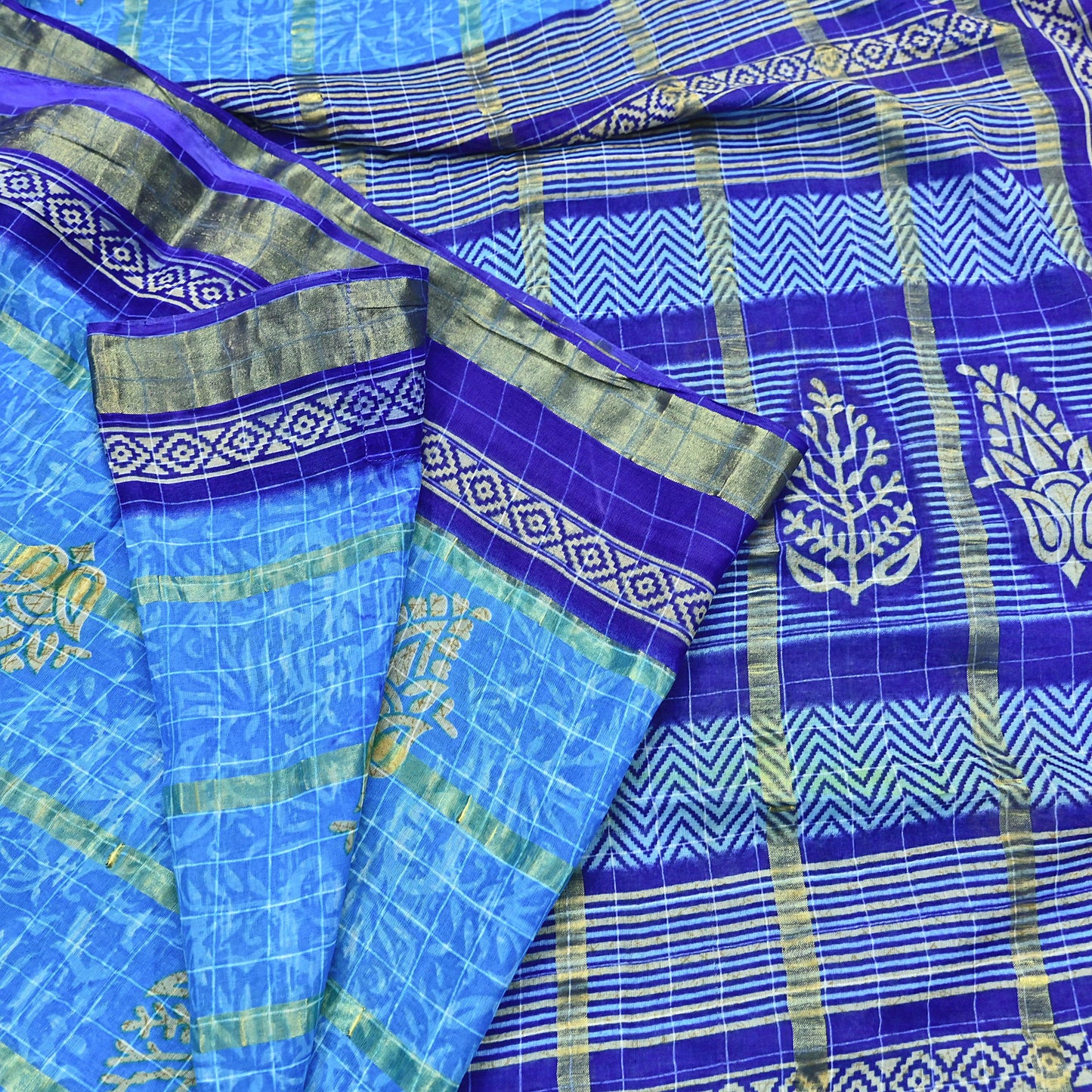 Indian Vintage Sari Blue Printed Pure Cotton Sarees Craft Fabric 5Yd Soft Sewing Sarong Wrap Boho Floral Quilting Dress making
