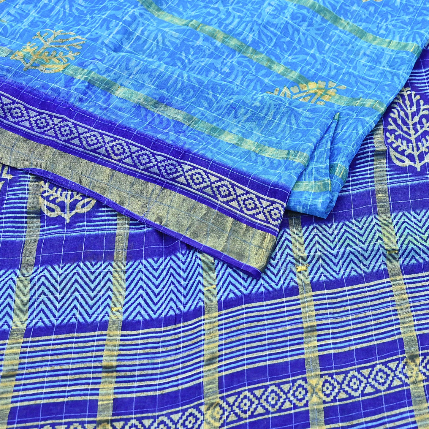Indian Vintage Sari Blue Printed Pure Cotton Sarees Craft Fabric 5Yd Soft Sewing Sarong Wrap Boho Floral Quilting Dress making