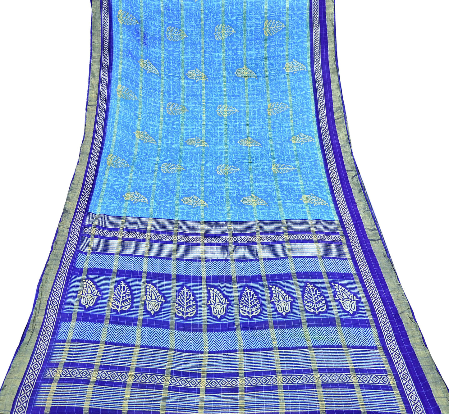 Indian Vintage Sari Blue Printed Pure Cotton Sarees Craft Fabric 5Yd Soft Sewing Sarong Wrap Boho Floral Quilting Dress making