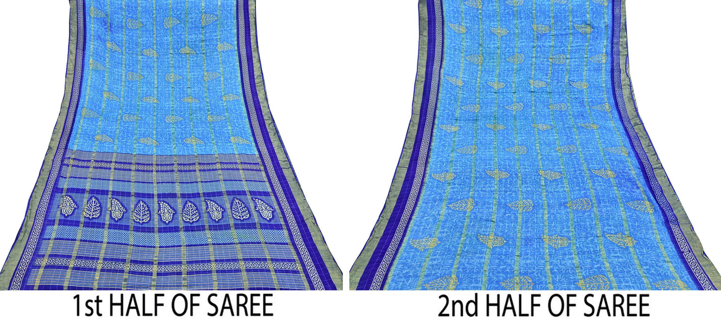 Indian Vintage Sari Blue Printed Pure Cotton Sarees Craft Fabric 5Yd Soft Sewing Sarong Wrap Boho Floral Quilting Dress making