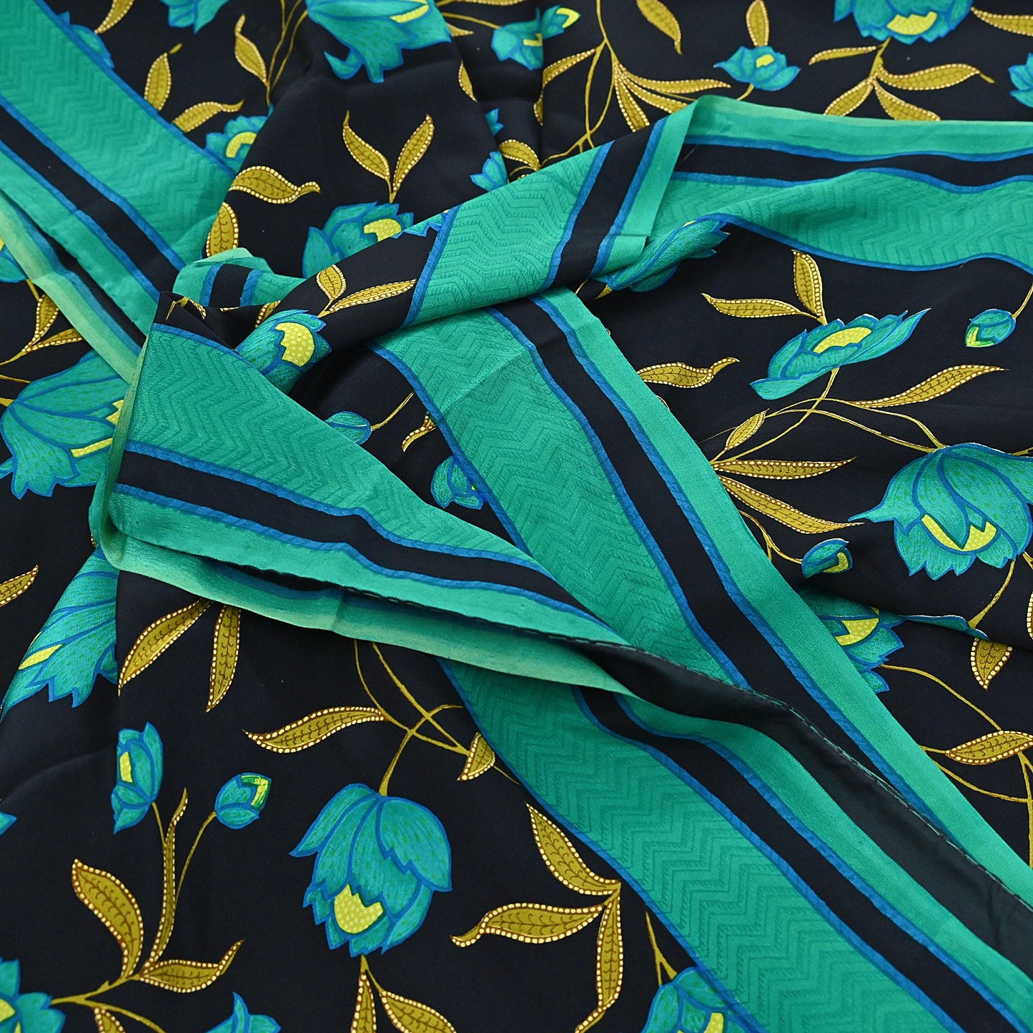 Indian Vintage Sari Green & Black Pure Crepe Silk Printed Saree 5yard Sewing Floral Soft Craft Fabric Wrap Crafting Quilting Upcycle