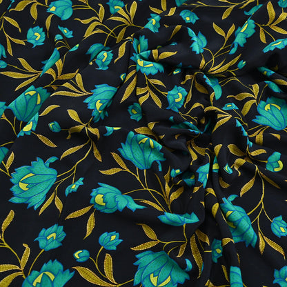 Indian Vintage Sari Green & Black Pure Crepe Silk Printed Saree 5yard Sewing Floral Soft Craft Fabric Wrap Crafting Quilting Upcycle