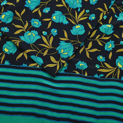 Indian Vintage Sari Green & Black Pure Crepe Silk Printed Saree 5yard Sewing Floral Soft Craft Fabric Wrap Crafting Quilting Upcycle