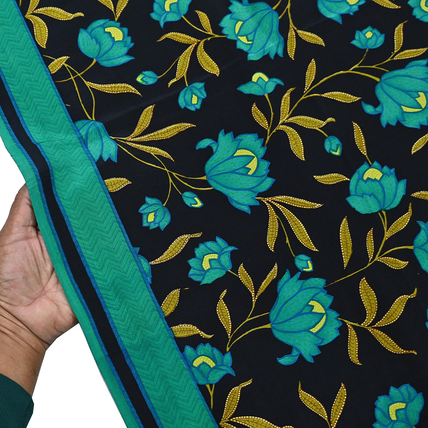 Indian Vintage Sari Green & Black Pure Crepe Silk Printed Saree 5yard Sewing Floral Soft Craft Fabric Wrap Crafting Quilting Upcycle