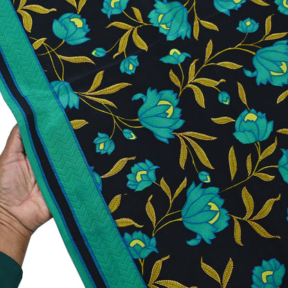 Indian Vintage Sari Green & Black Pure Crepe Silk Printed Saree 5yard Sewing Floral Soft Craft Fabric Wrap Crafting Quilting Upcycle