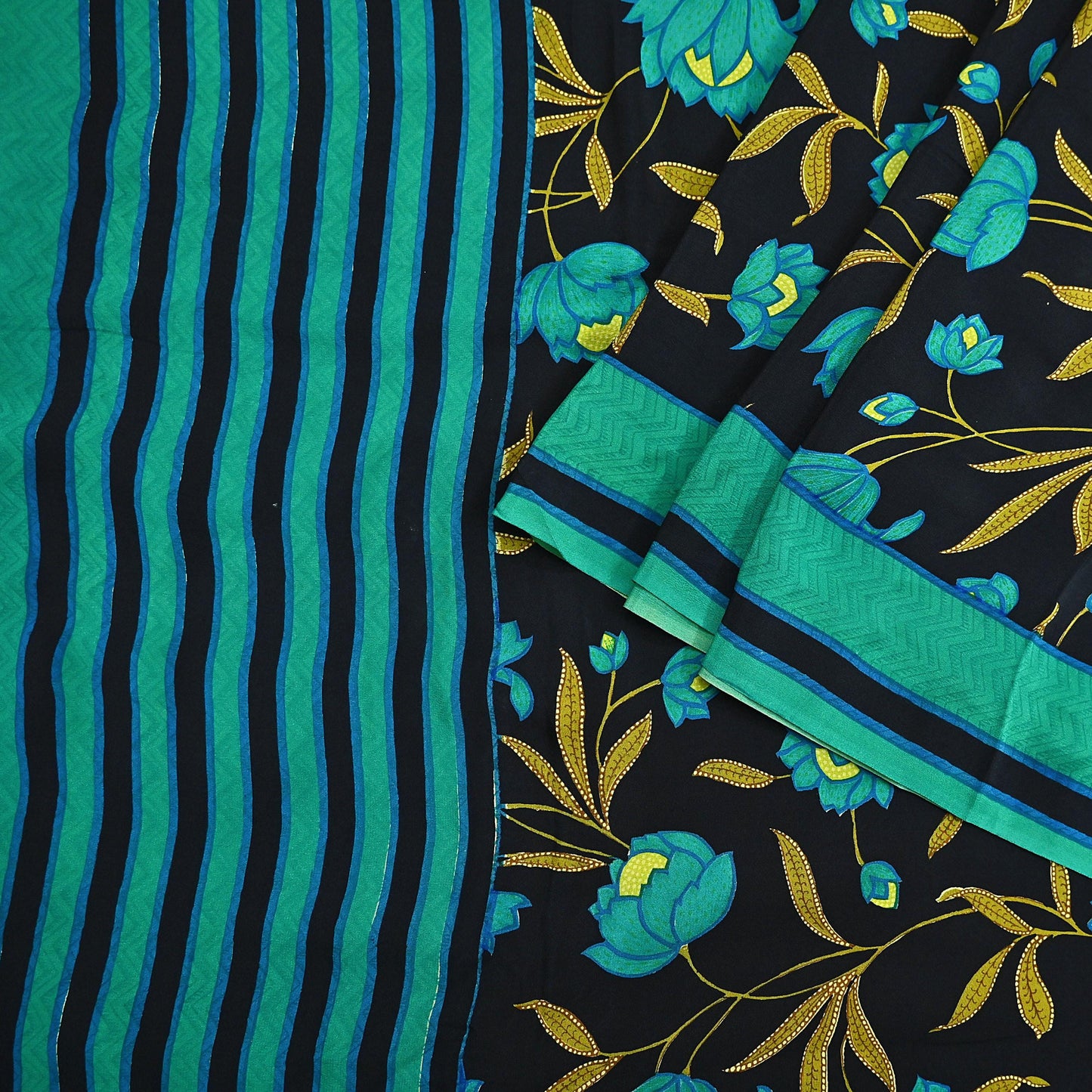 Indian Vintage Sari Green & Black Pure Crepe Silk Printed Saree 5yard Sewing Floral Soft Craft Fabric Wrap Crafting Quilting Upcycle