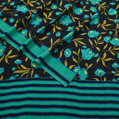 Indian Vintage Sari Green & Black Pure Crepe Silk Printed Saree 5yard Sewing Floral Soft Craft Fabric Wrap Crafting Quilting Upcycle