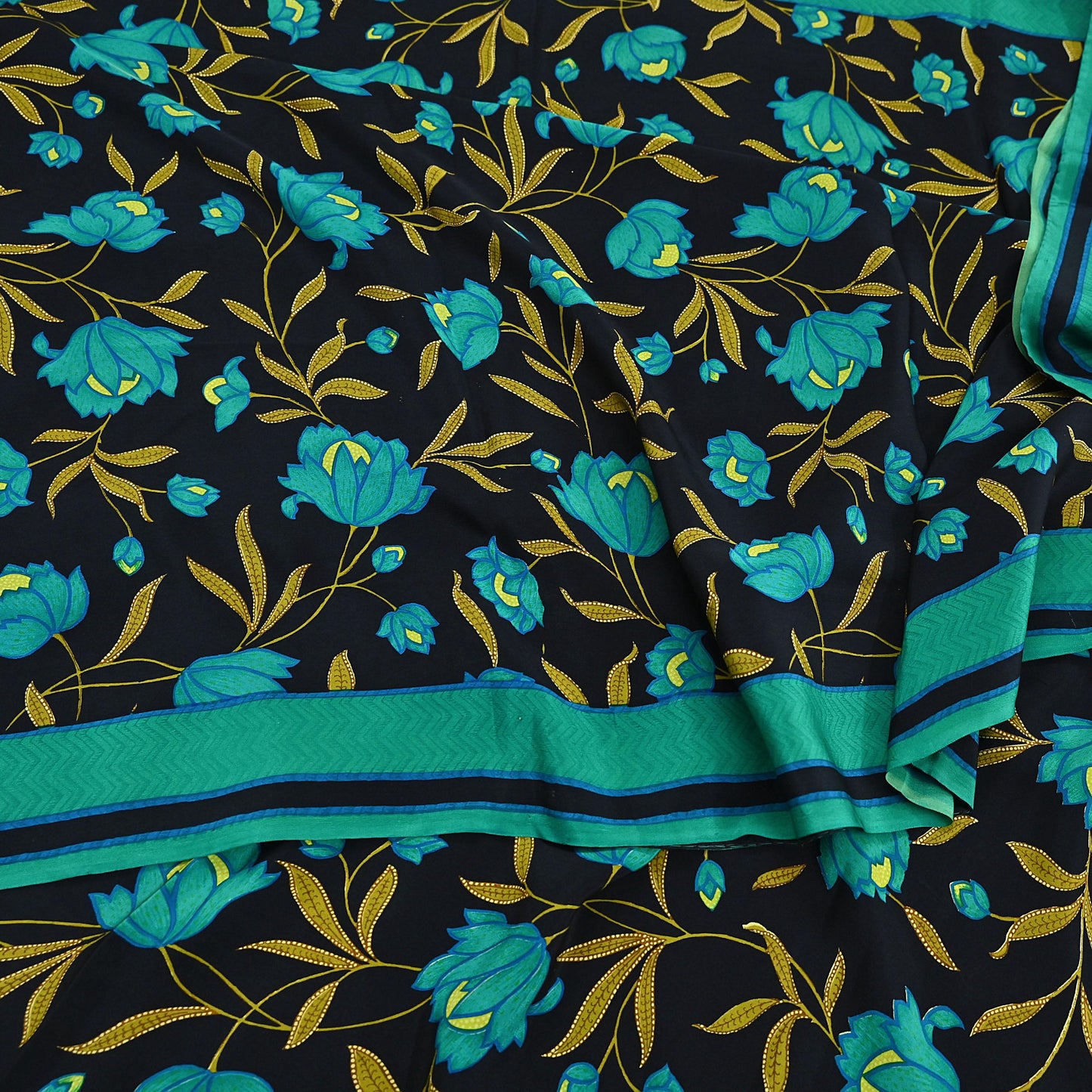 Indian Vintage Sari Green & Black Pure Crepe Silk Printed Saree 5yard Sewing Floral Soft Craft Fabric Wrap Crafting Quilting Upcycle