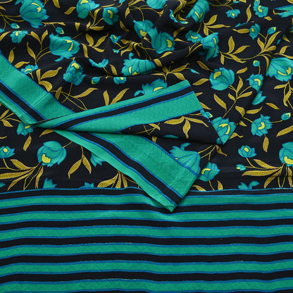 Indian Vintage Sari Green & Black Pure Crepe Silk Printed Saree 5yard Sewing Floral Soft Craft Fabric Wrap Crafting Quilting Upcycle