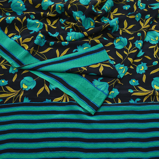 Indian Vintage Sari Green & Black Pure Crepe Silk Printed Saree 5yard Sewing Floral Soft Craft Fabric Wrap Crafting Quilting Upcycle