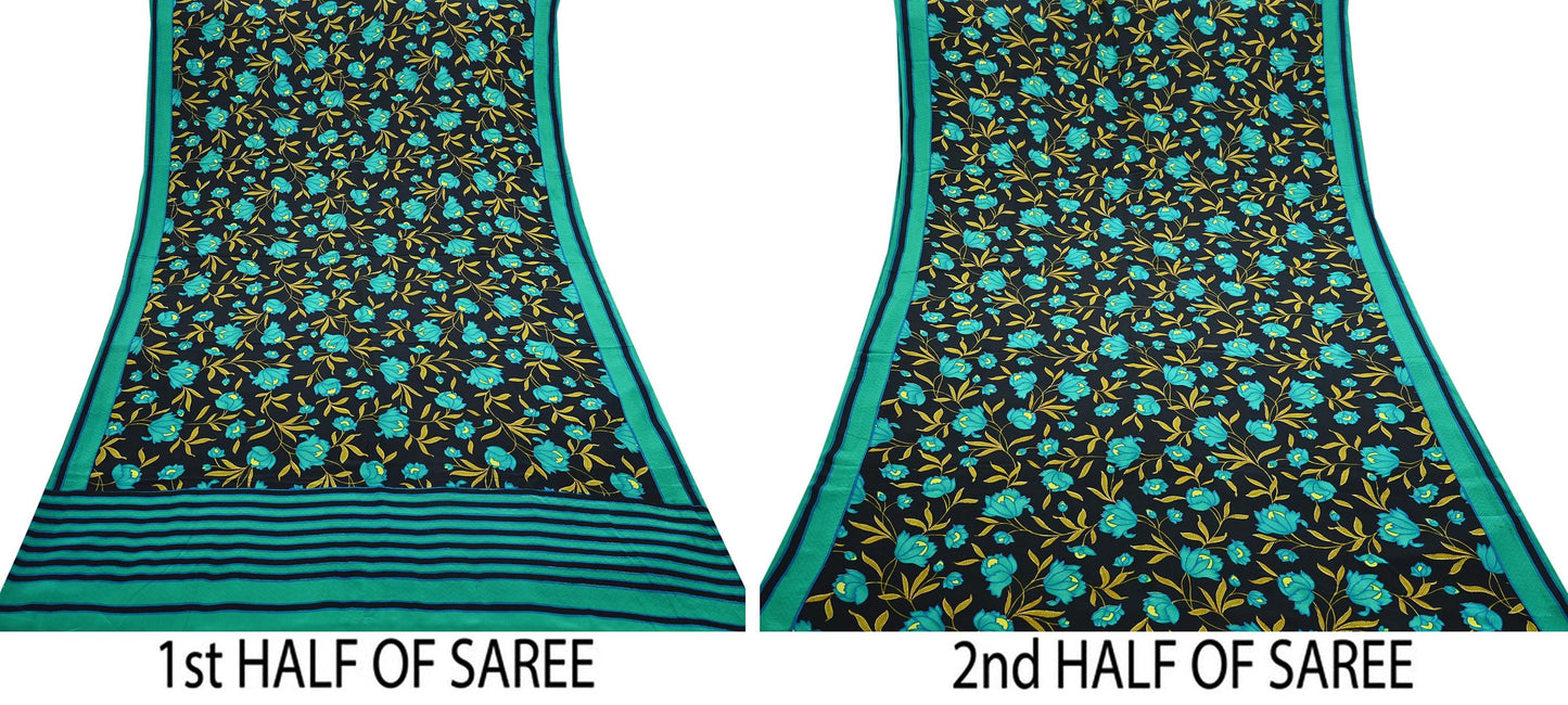 Indian Vintage Sari Green & Black Pure Crepe Silk Printed Saree 5yard Sewing Floral Soft Craft Fabric Wrap Crafting Quilting Upcycle