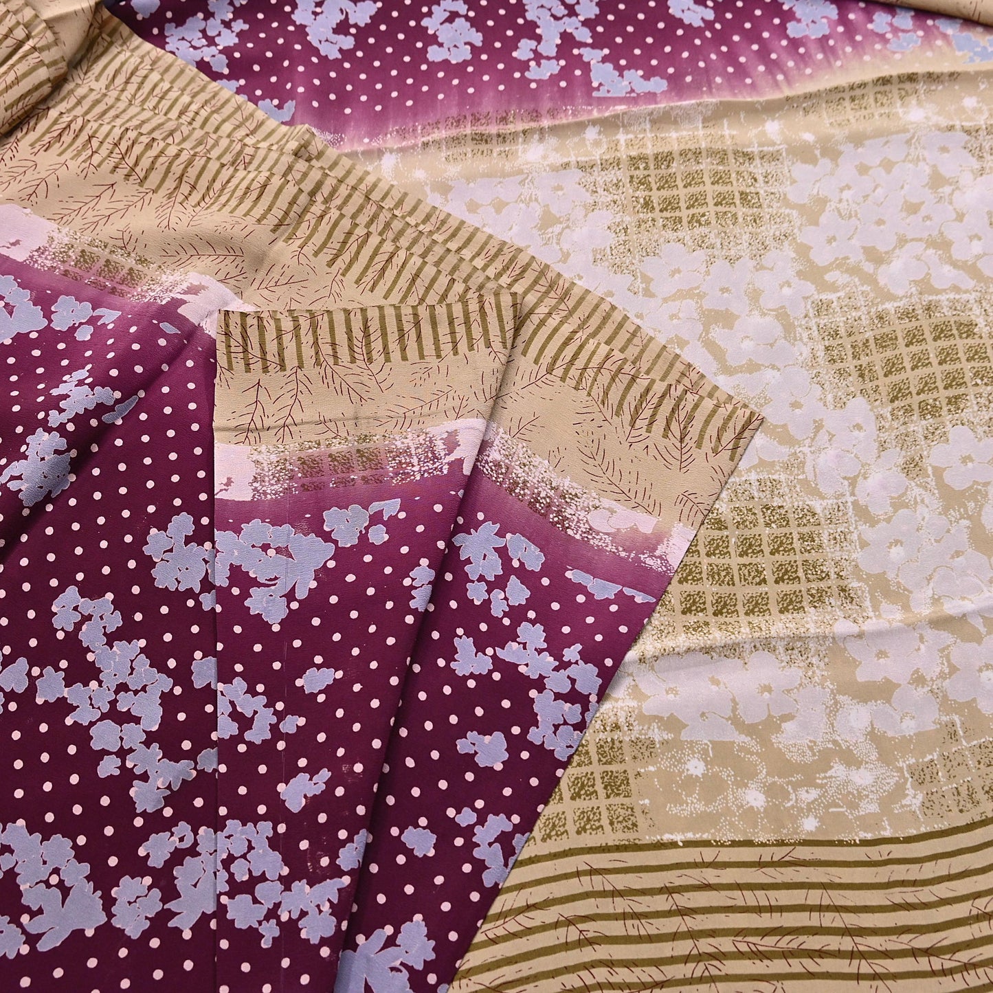 Indian Vintage Sari Maroon & Brown Pure Crepe Silk Printed Saree 5yard Sewing Quilting Floral Soft Craft Fabric Wrap