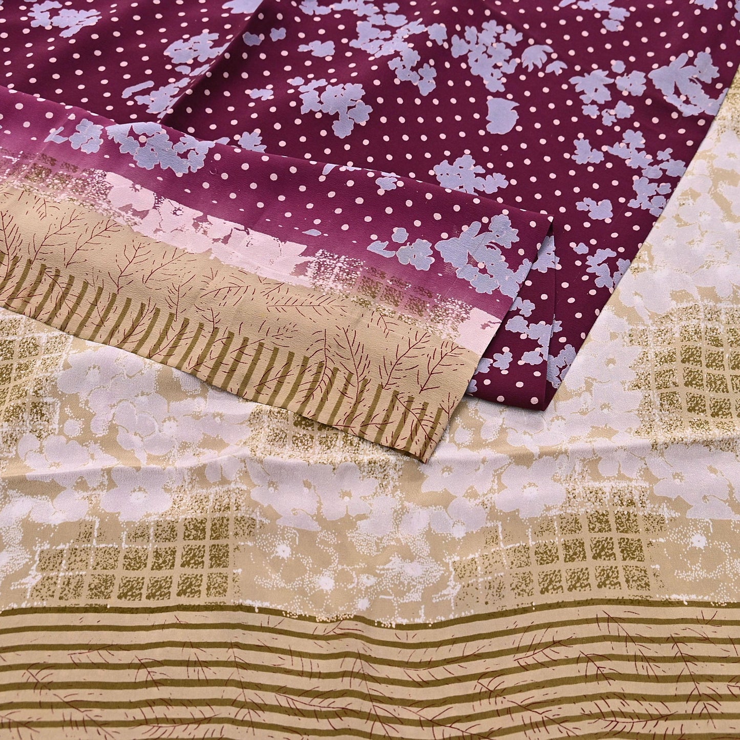 Indian Vintage Sari Maroon & Brown Pure Crepe Silk Printed Saree 5yard Sewing Quilting Floral Soft Craft Fabric Wrap