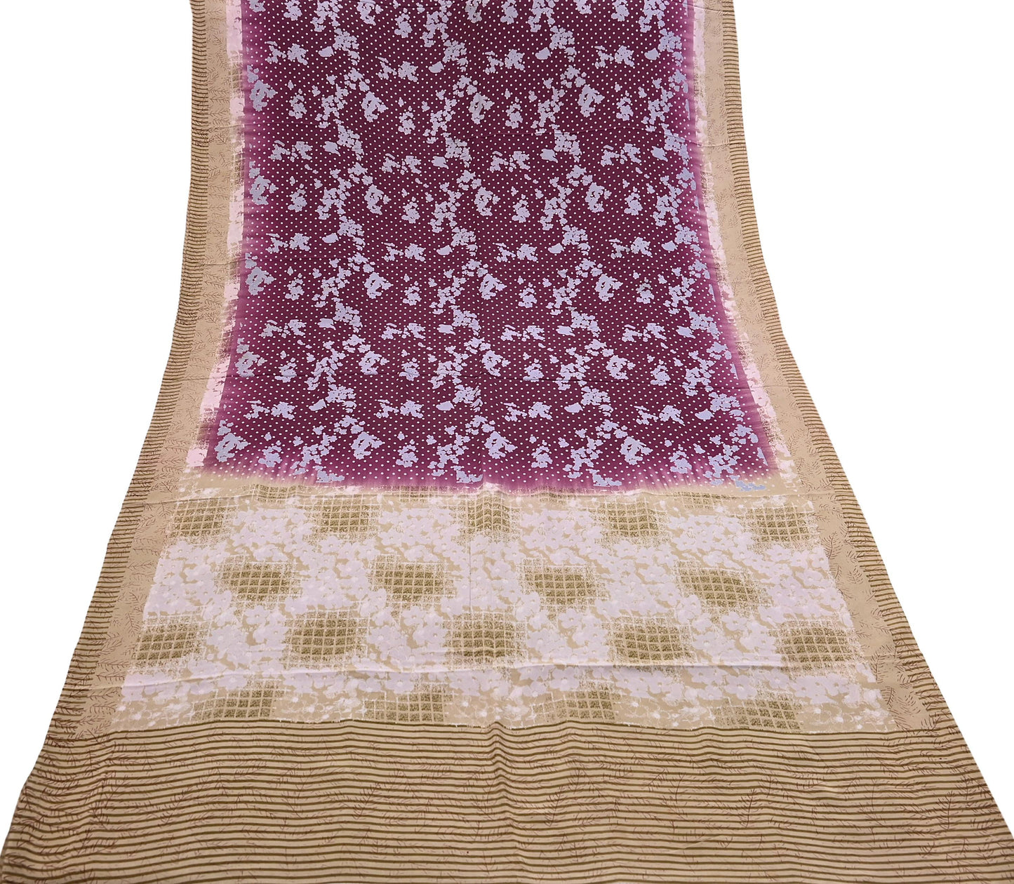 Indian Vintage Sari Maroon & Brown Pure Crepe Silk Printed Saree 5yard Sewing Quilting Floral Soft Craft Fabric Wrap