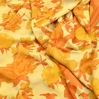 Indian Vintage Sari Yellow Pure Crepe Silk Printed Saree 5yard Sewing Quilting Floral Soft Craft Fabric Wrap