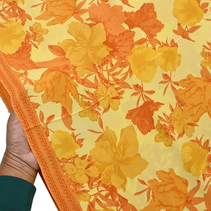Indian Vintage Sari Yellow Pure Crepe Silk Printed Saree 5yard Sewing Quilting Floral Soft Craft Fabric Wrap