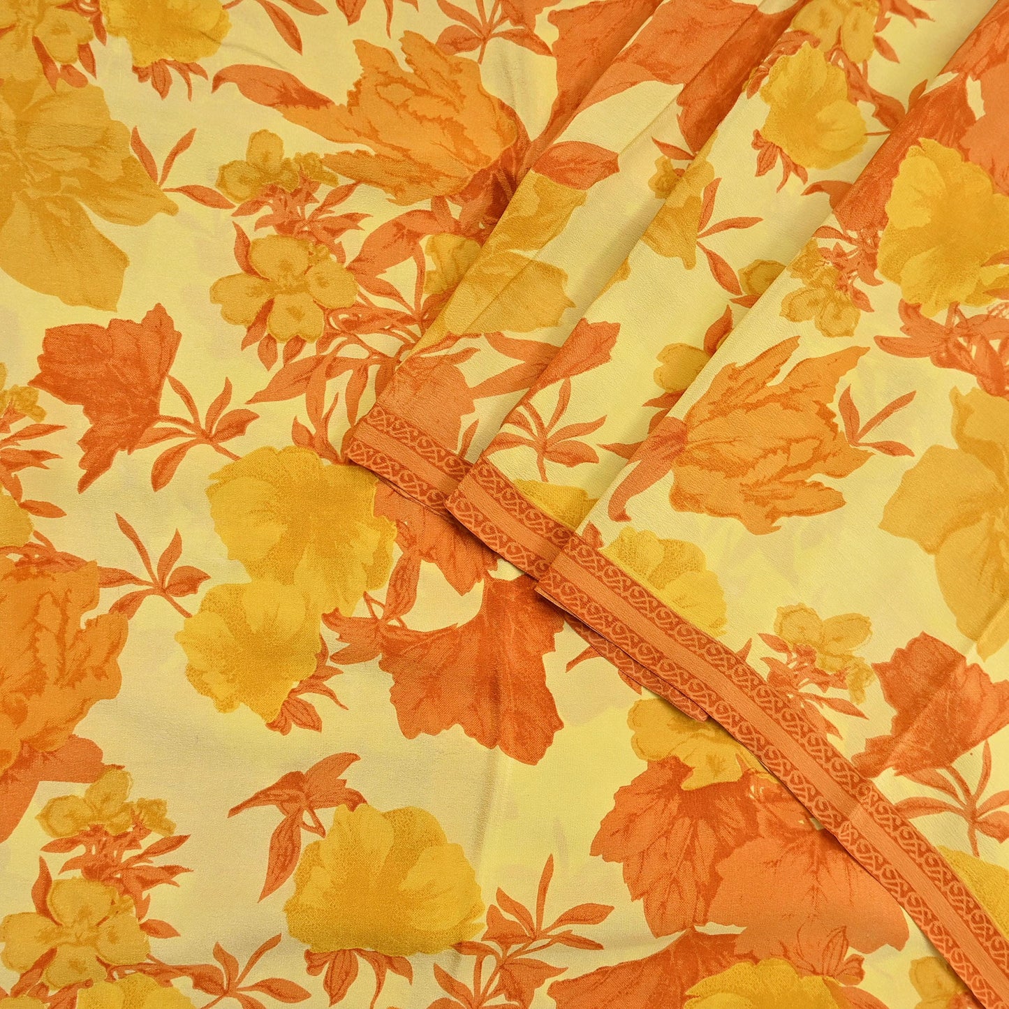 Indian Vintage Sari Yellow Pure Crepe Silk Printed Saree 5yard Sewing Quilting Floral Soft Craft Fabric Wrap