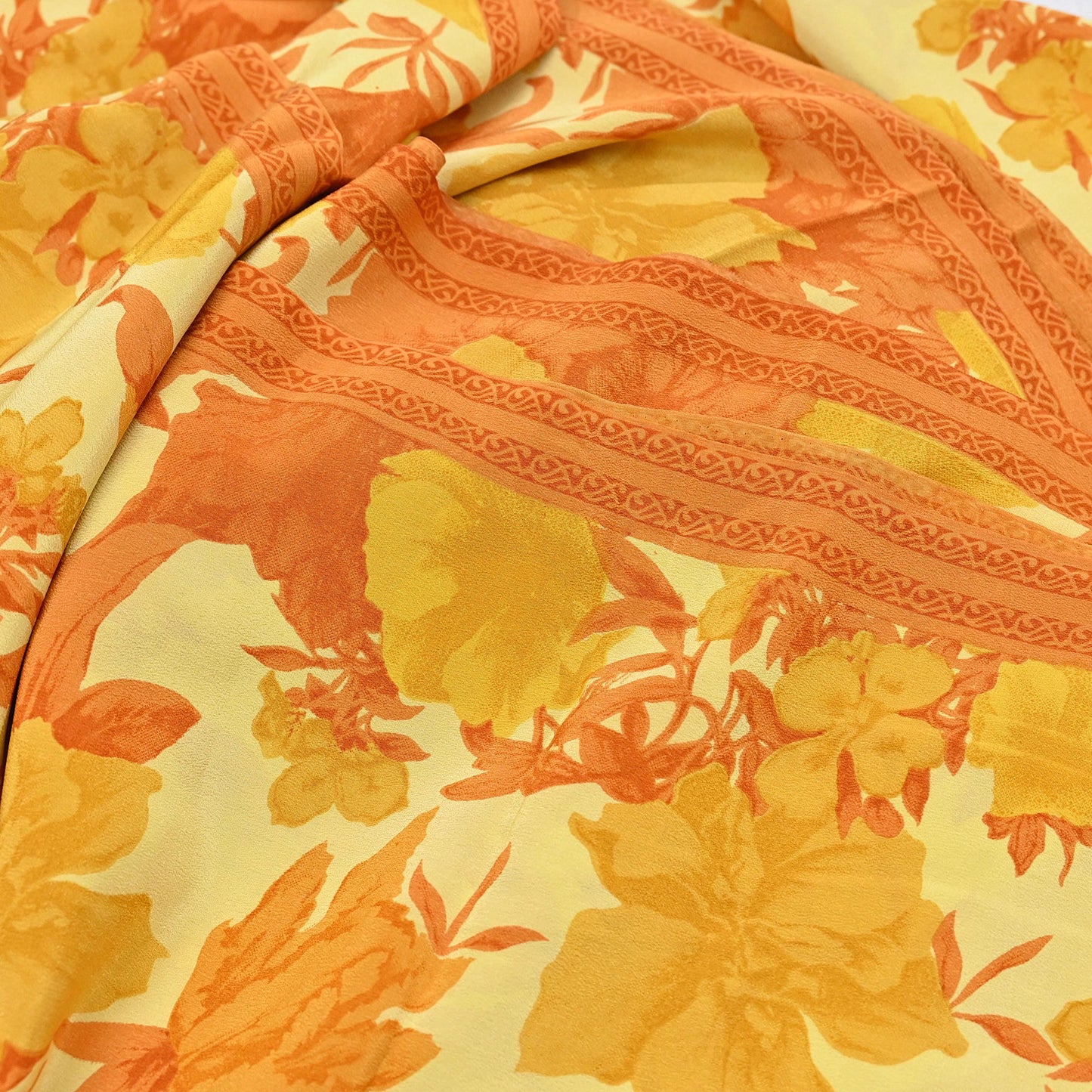 Indian Vintage Sari Yellow Pure Crepe Silk Printed Saree 5yard Sewing Quilting Floral Soft Craft Fabric Wrap