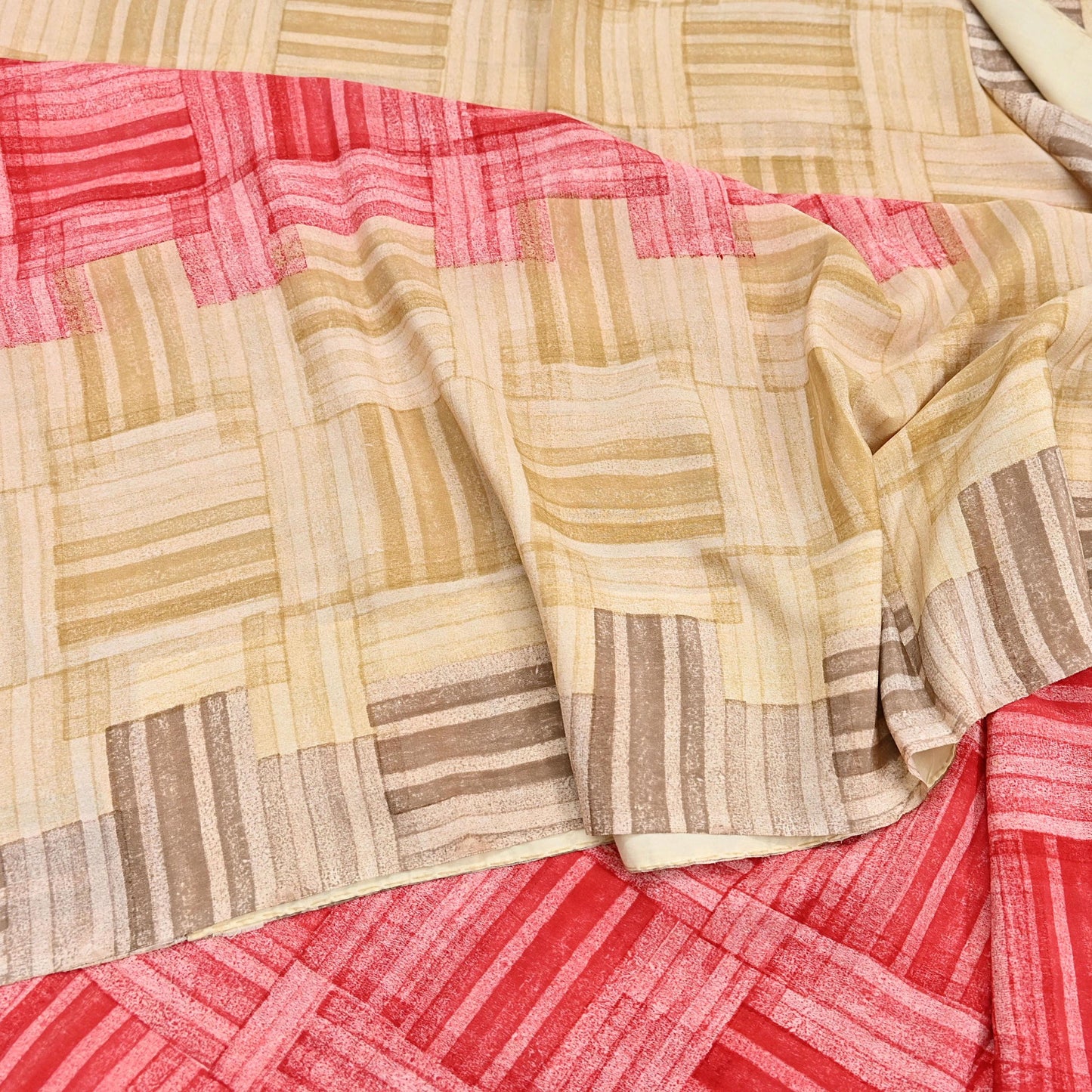 Indian Vintage Sari Red & brown Pure Crepe Silk Printed Saree 6yard Sewing Geometric Craft Fabric Wrap Dress Making Crafting Quilting