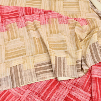 Indian Vintage Sari Red & brown Pure Crepe Silk Printed Saree 6yard Sewing Geometric Craft Fabric Wrap Dress Making Crafting Quilting