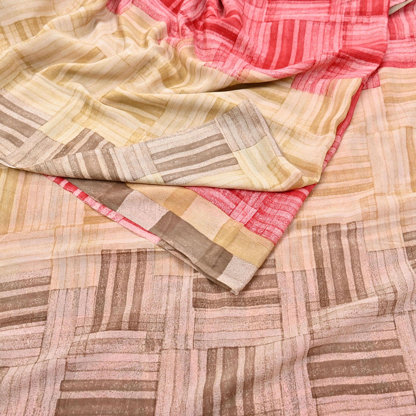 Indian Vintage Sari Red & brown Pure Crepe Silk Printed Saree 6yard Sewing Geometric Craft Fabric Wrap Dress Making Crafting Quilting