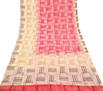 Indian Vintage Sari Red & brown Pure Crepe Silk Printed Saree 6yard Sewing Geometric Craft Fabric Wrap Dress Making Crafting Quilting