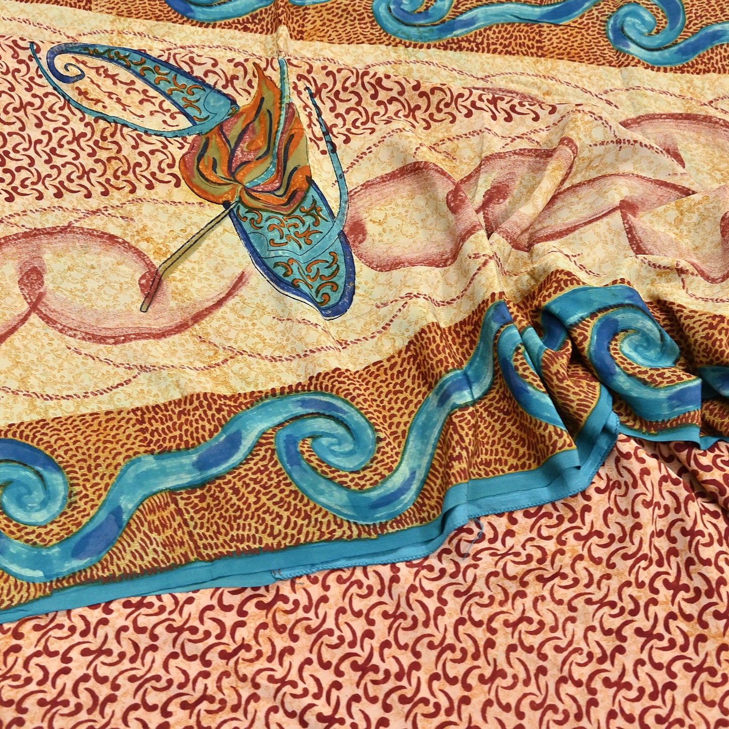 Indian Vintage Beige Pure Crepe Silk Saree Floral Block Print 5 Yards Soft Sewing Fabric for Dressmaking, Quilting, Crafting