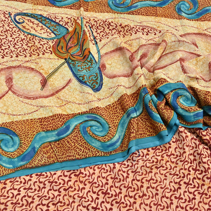 Indian Vintage Beige Pure Crepe Silk Saree Floral Block Print 5 Yards Soft Sewing Fabric for Dressmaking, Quilting, Crafting