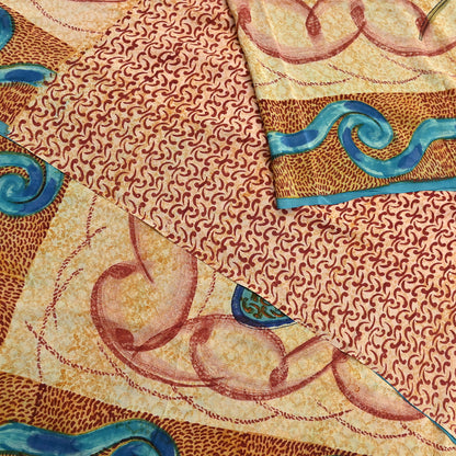 Indian Vintage Beige Pure Crepe Silk Saree Floral Block Print 5 Yards Soft Sewing Fabric for Dressmaking, Quilting, Crafting