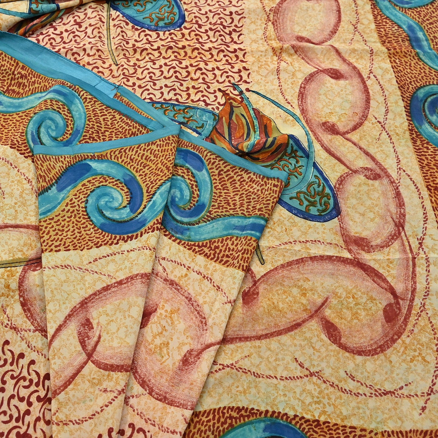 Indian Vintage Beige Pure Crepe Silk Saree Floral Block Print 5 Yards Soft Sewing Fabric for Dressmaking, Quilting, Crafting