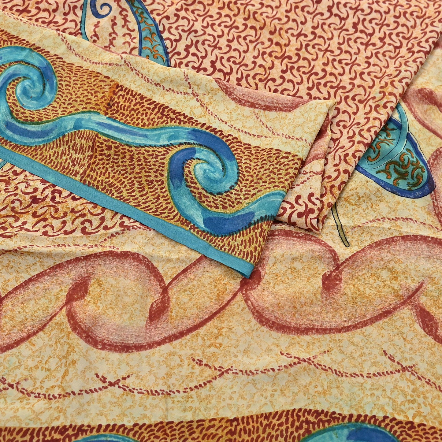 Indian Vintage Beige Pure Crepe Silk Saree Floral Block Print 5 Yards Soft Sewing Fabric for Dressmaking, Quilting, Crafting