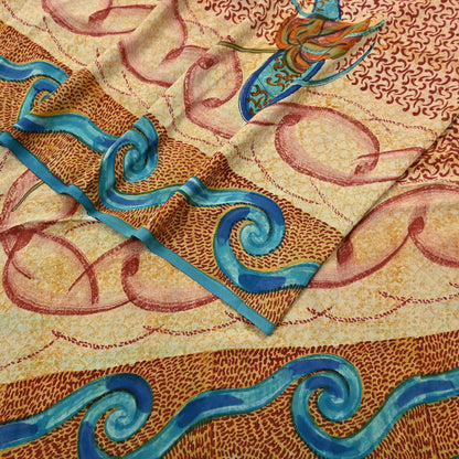 Indian Vintage Beige Pure Crepe Silk Saree Floral Block Print 5 Yards Soft Sewing Fabric for Dressmaking, Quilting, Crafting