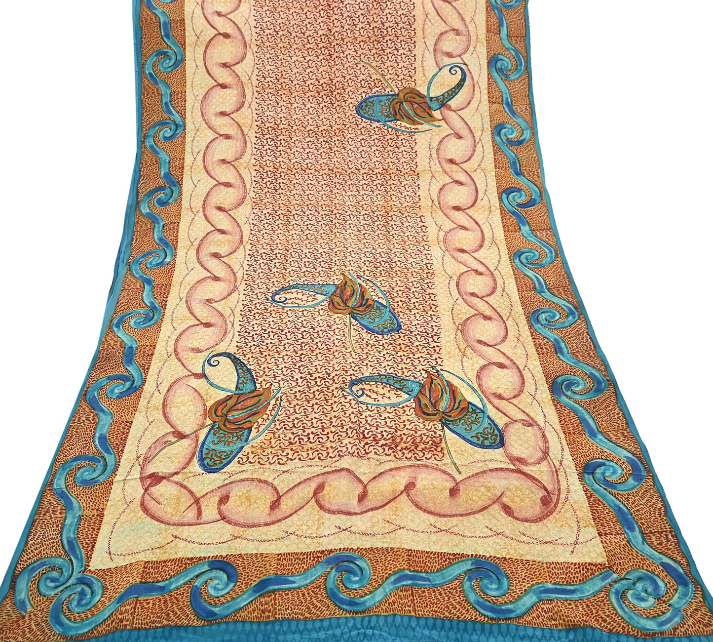 Indian Vintage Beige Pure Crepe Silk Saree Floral Block Print 5 Yards Soft Sewing Fabric for Dressmaking, Quilting, Crafting