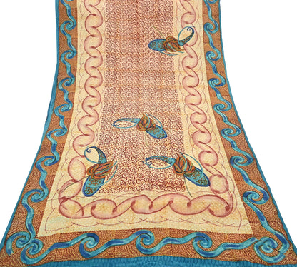 Indian Vintage Beige Pure Crepe Silk Saree Floral Block Print 5 Yards Soft Sewing Fabric for Dressmaking, Quilting, Crafting