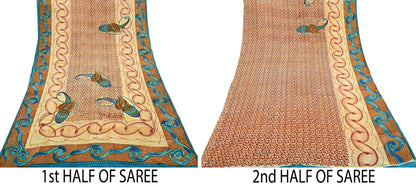 Indian Vintage Beige Pure Crepe Silk Saree Floral Block Print 5 Yards Soft Sewing Fabric for Dressmaking, Quilting, Crafting
