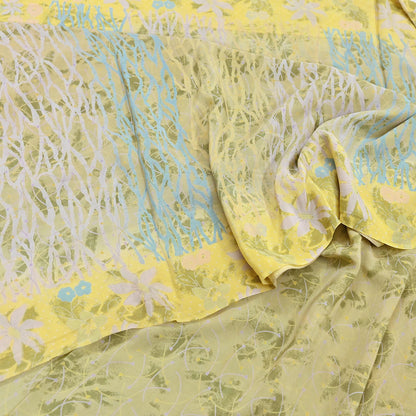 Indian Vintage Sari Green Yellow Pure Crepe Silk Printed Saree 5yard Sewing Quilting Floral Soft Craft Fabric Wrap