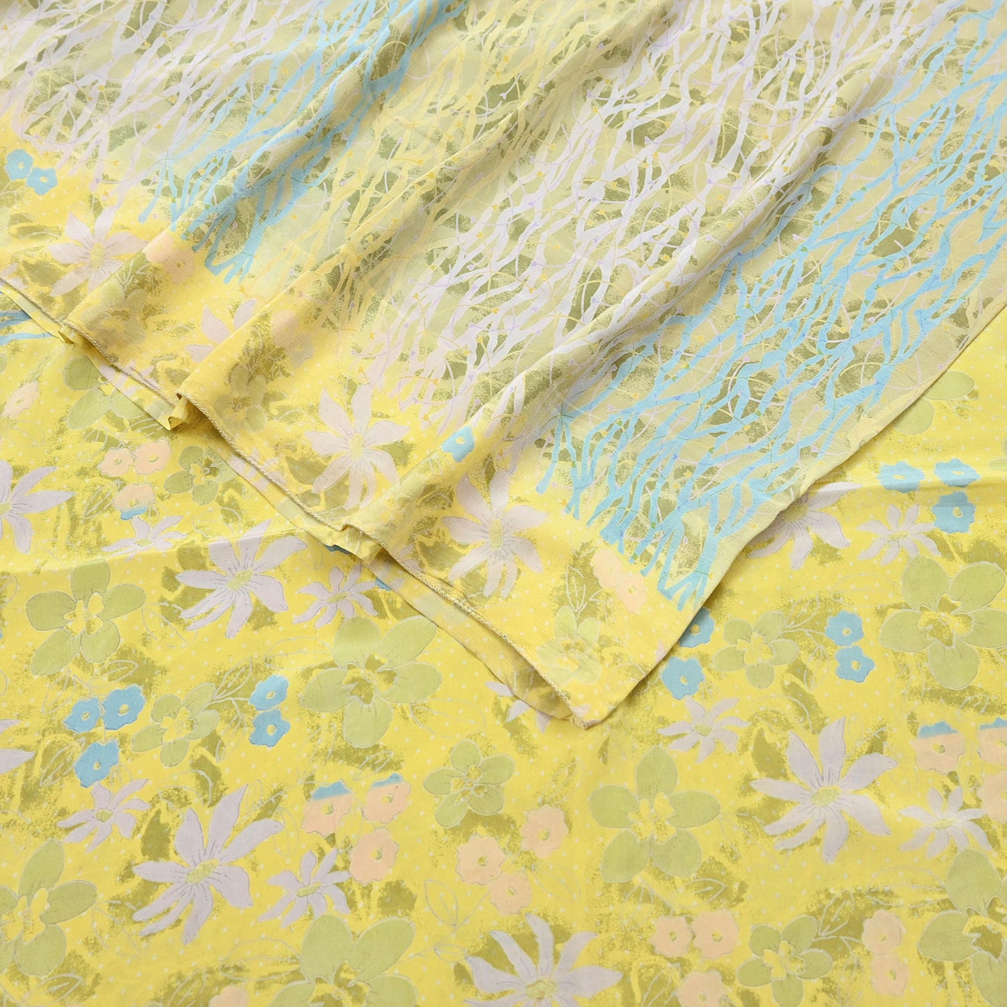 Indian Vintage Sari Green Yellow Pure Crepe Silk Printed Saree 5yard Sewing Quilting Floral Soft Craft Fabric Wrap