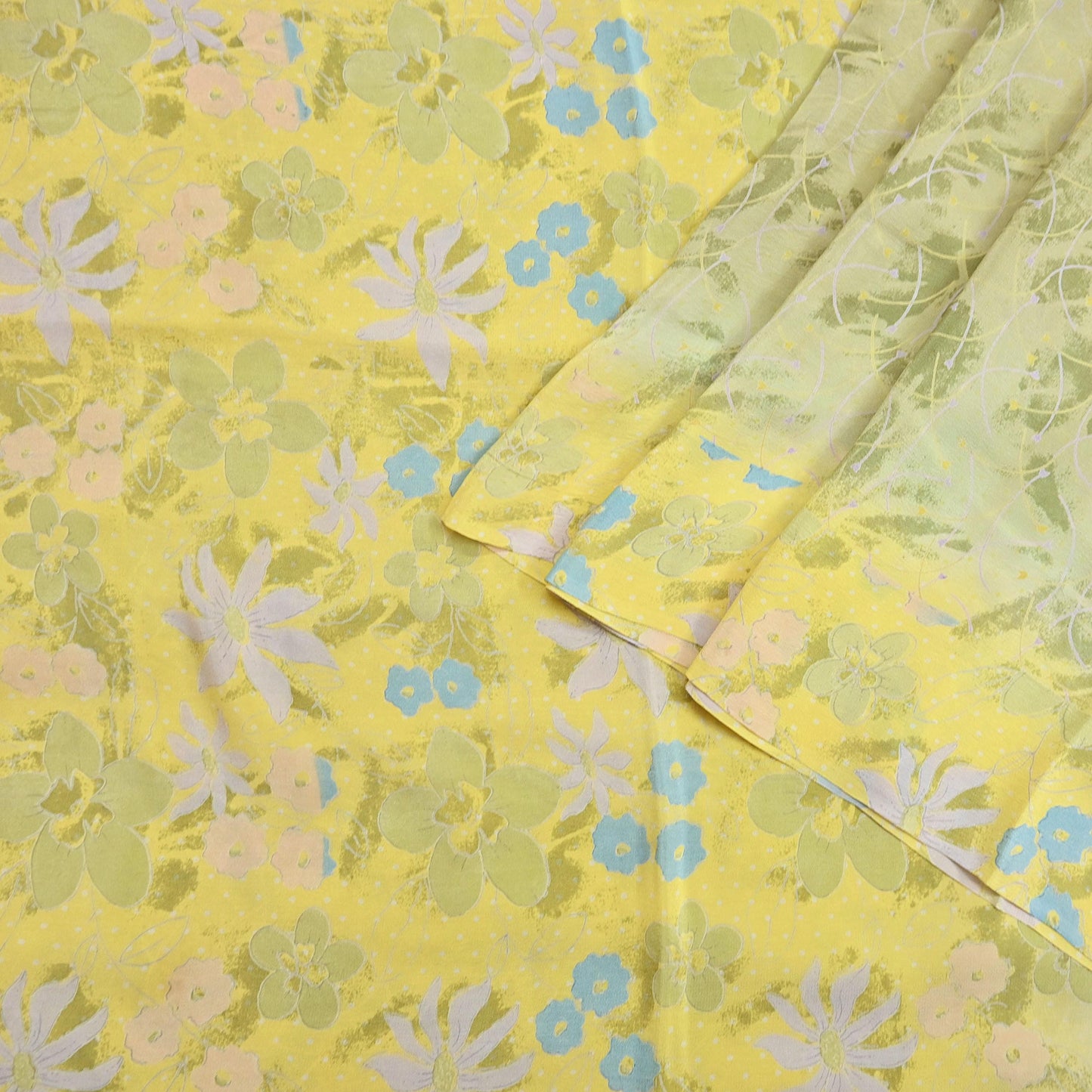 Indian Vintage Sari Green Yellow Pure Crepe Silk Printed Saree 5yard Sewing Quilting Floral Soft Craft Fabric Wrap