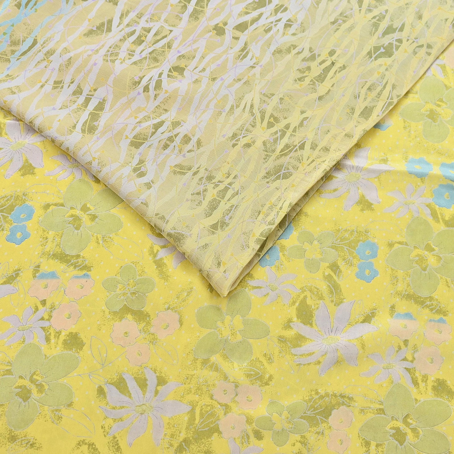 Indian Vintage Sari Green Yellow Pure Crepe Silk Printed Saree 5yard Sewing Quilting Floral Soft Craft Fabric Wrap