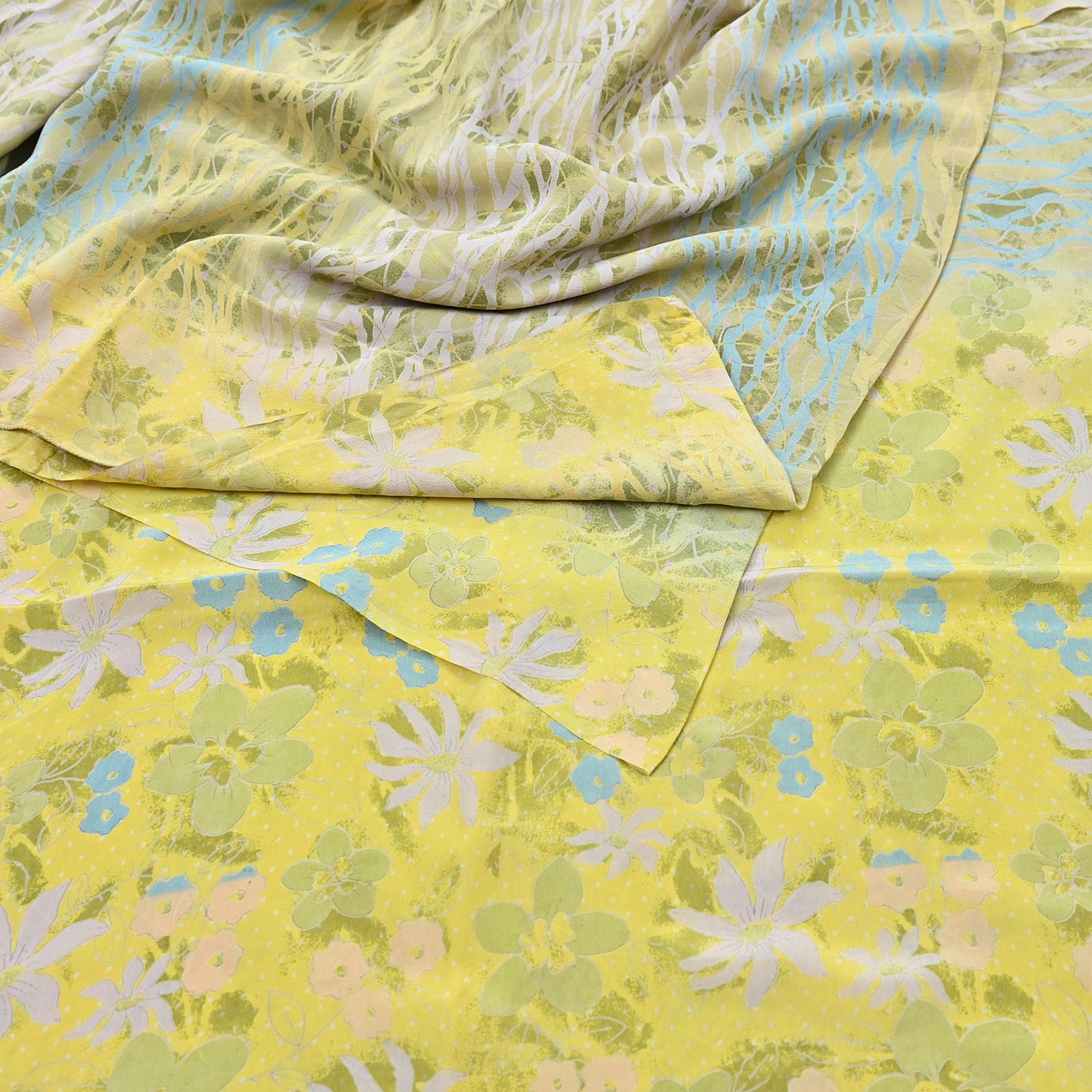 Indian Vintage Sari Green Yellow Pure Crepe Silk Printed Saree 5yard Sewing Quilting Floral Soft Craft Fabric Wrap