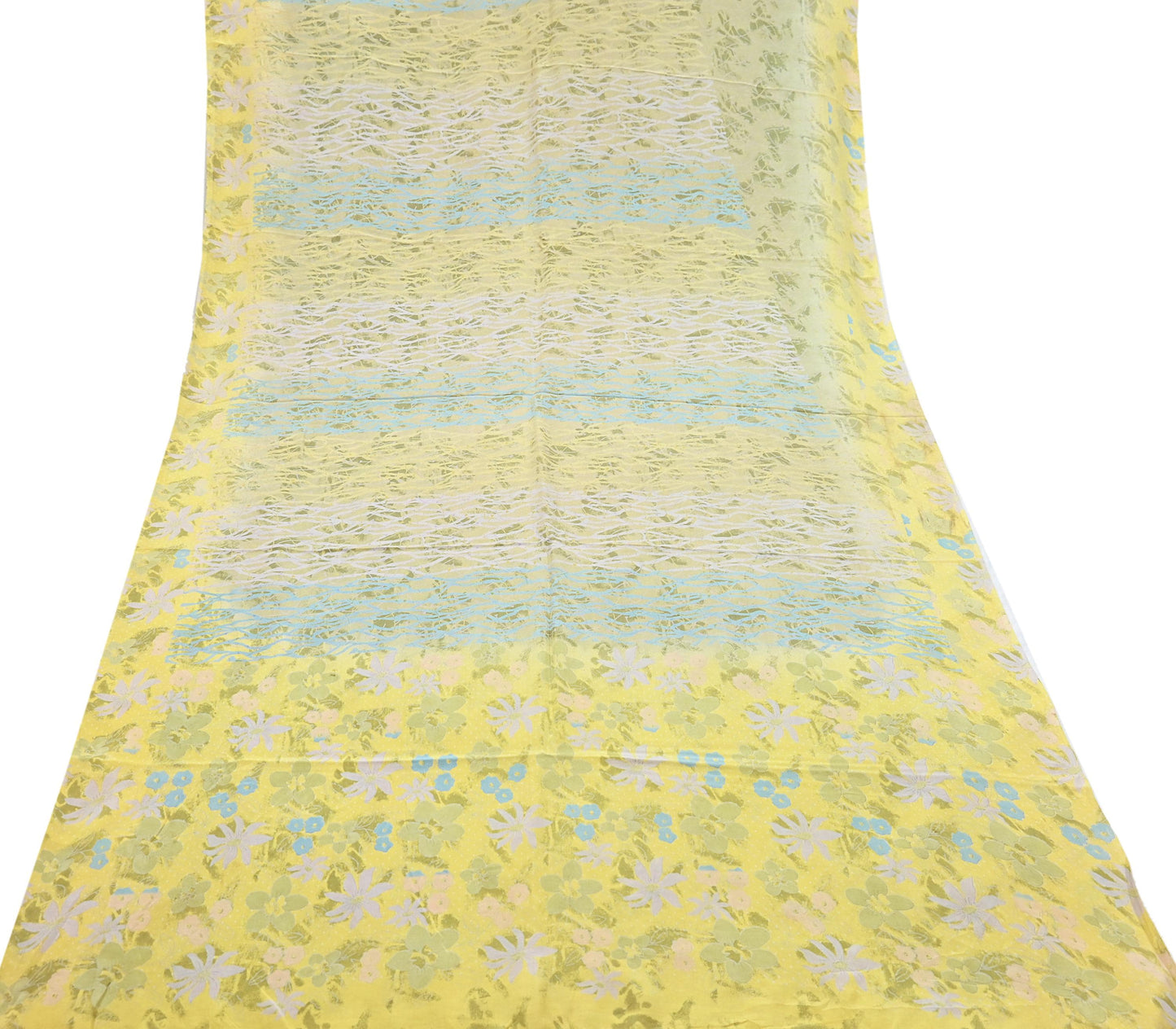 Indian Vintage Sari Green Yellow Pure Crepe Silk Printed Saree 5yard Sewing Quilting Floral Soft Craft Fabric Wrap