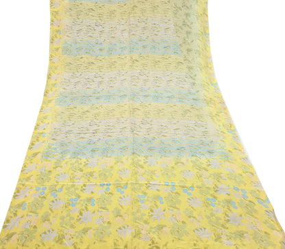 Indian Vintage Sari Green Yellow Pure Crepe Silk Printed Saree 5yard Sewing Quilting Floral Soft Craft Fabric Wrap