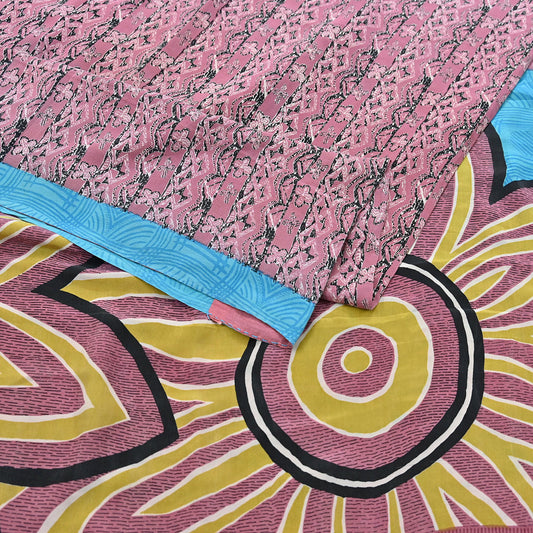 Indian Vintage Sari Pink & Black Pure Crepe Silk Printed Saree 5yard Sewing Floral Soft Craft Fabric Wrap Crafting Quilting Upcycle